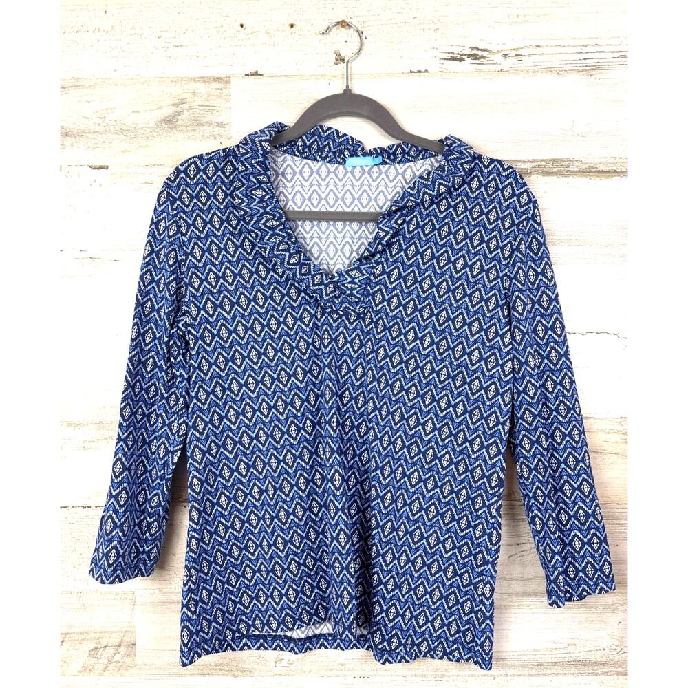 J.McLaughlin Womens L Blue Catalina Nylon Stretch Ruffle V Neck Geometric Blouse